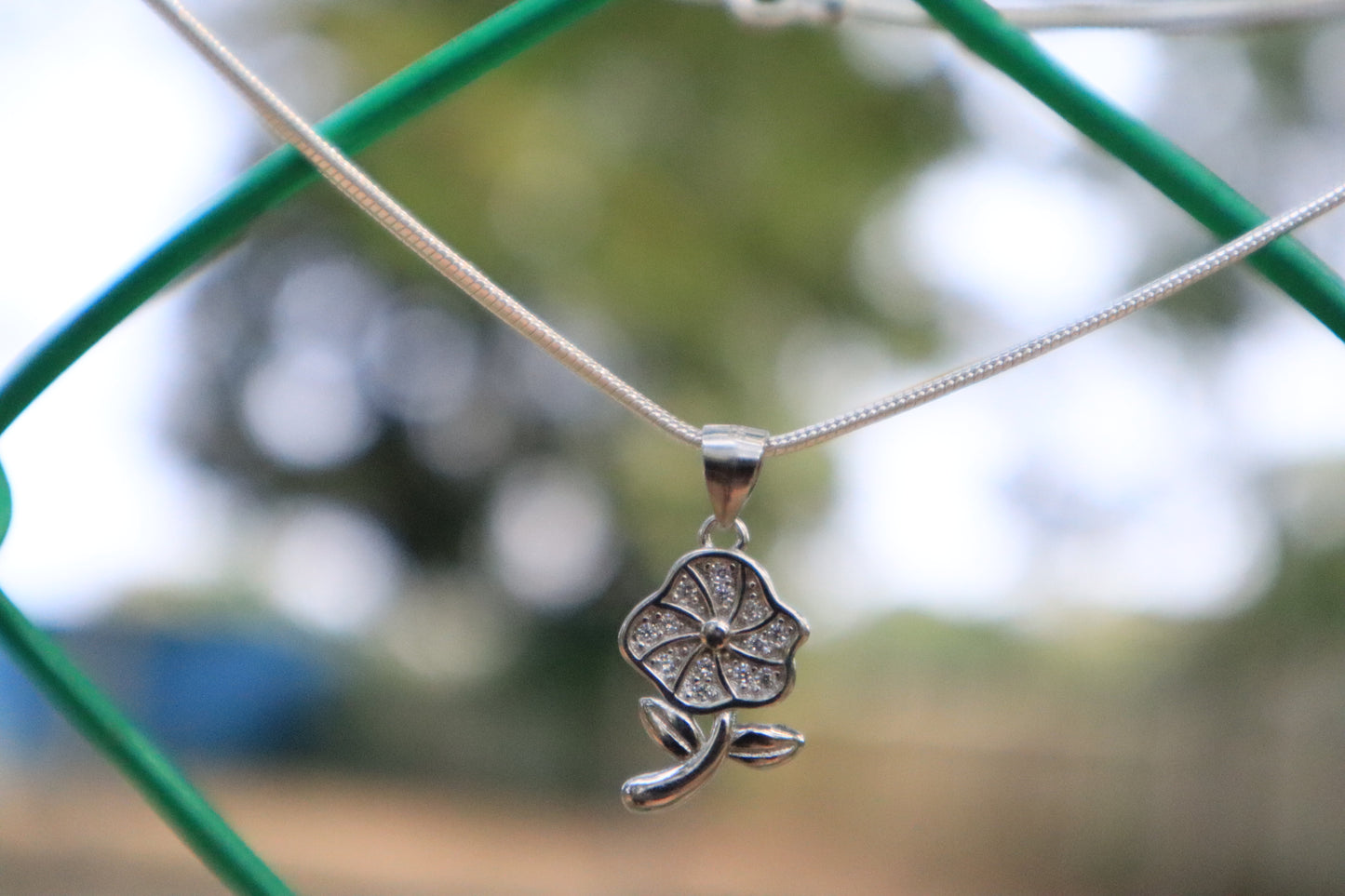 Sterling Silver Flower Pendant Chain with Stones
