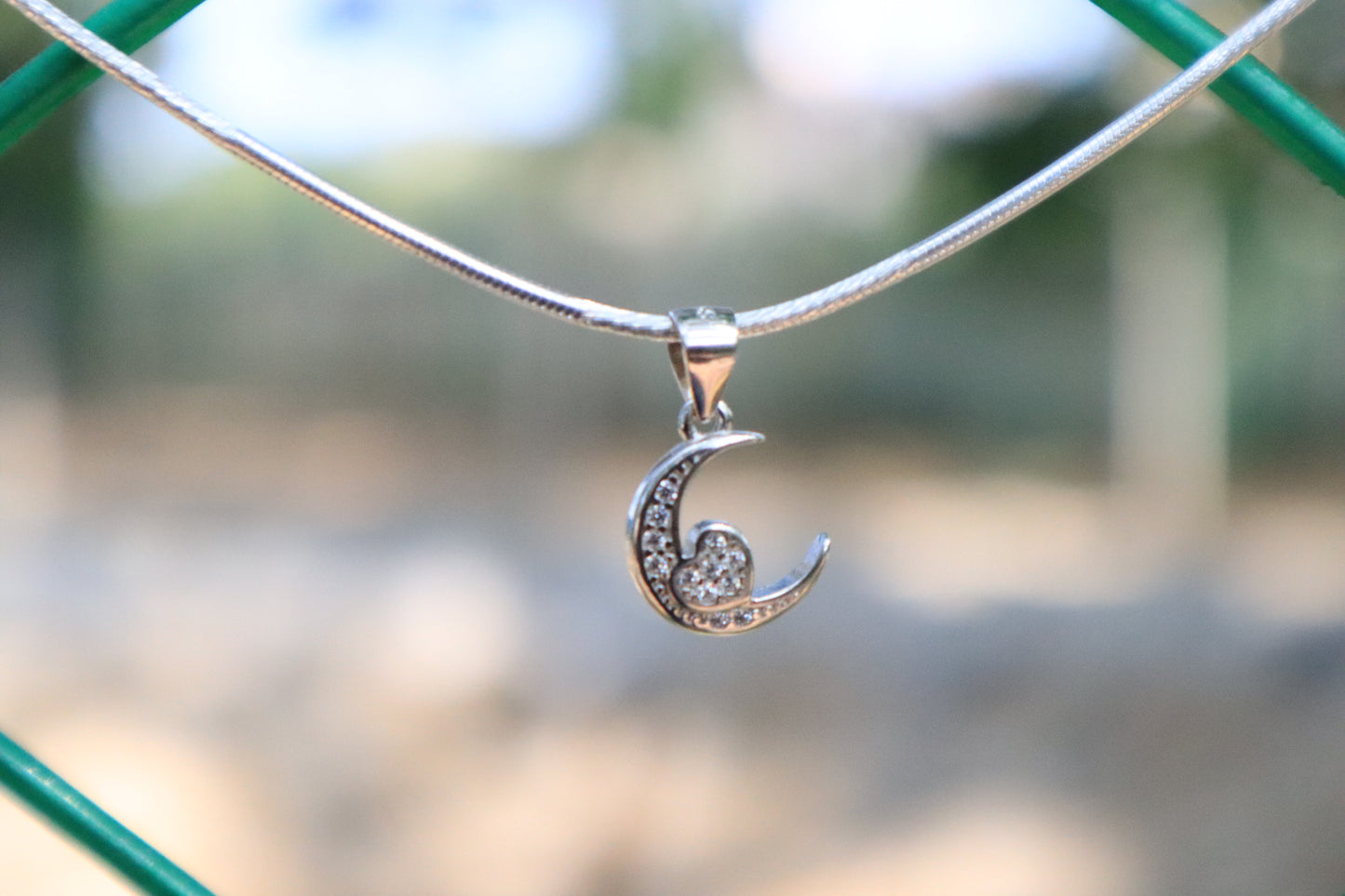 Cresent Moon Stone Heart Pendant Chain