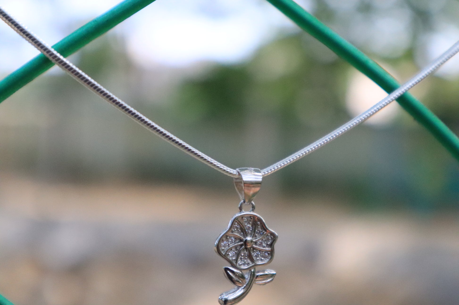 Sterling Silver Flower Pendant Chain with Stones