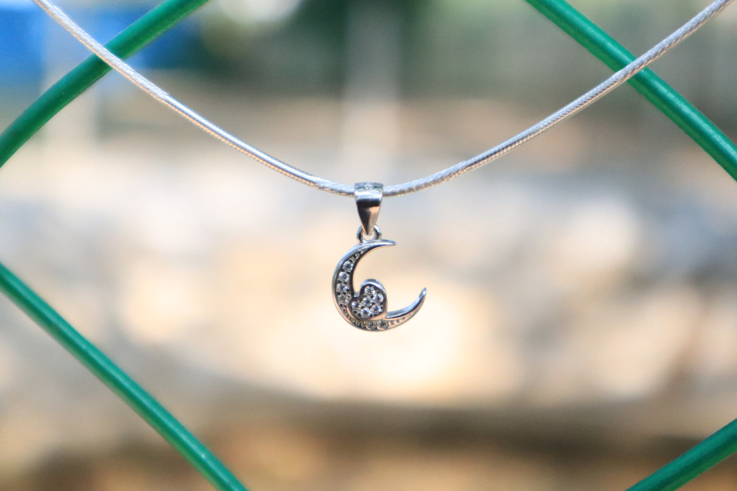 Sterling Silver Cresent Moon Heart Stone Pendant Chain
