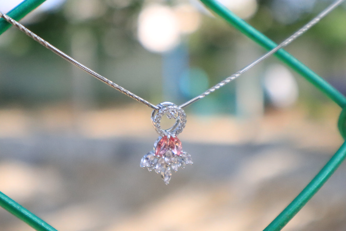 Silver Pink White Stone Pendant with Chain