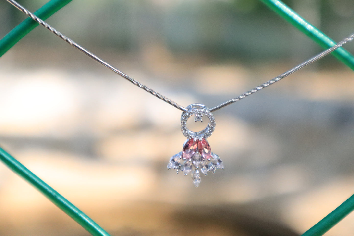 925 Sterling Silver Pink White Stone Pendant with Chain - Zubee Silver