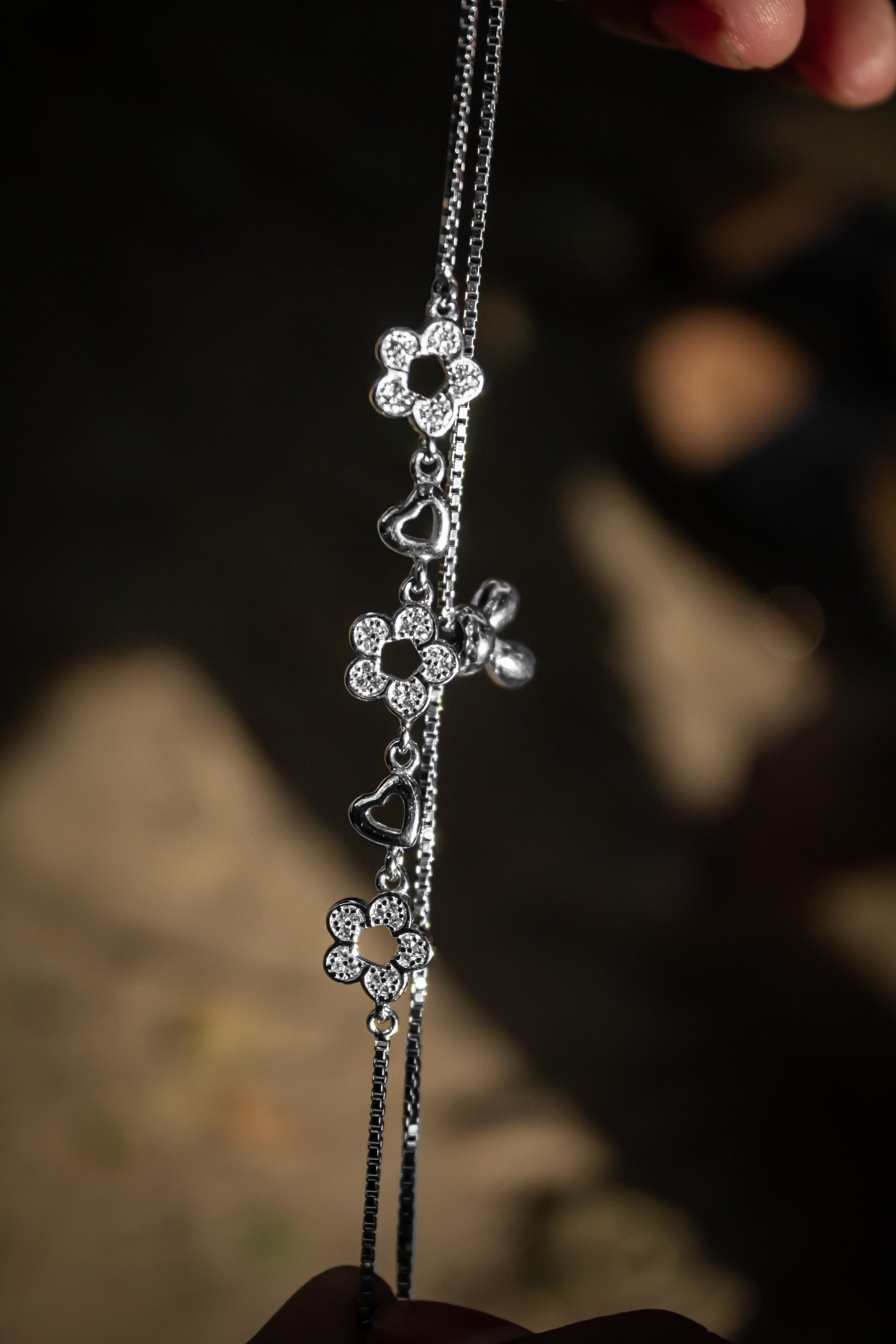 925 Sterling Silver Flower with Tiny Hearts Adjustable Bracelet - Zubee Silver