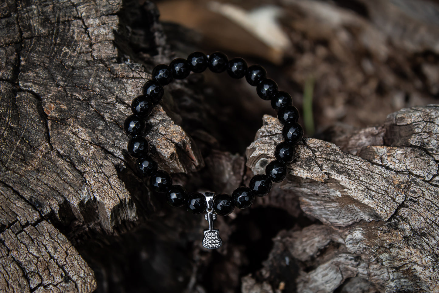 Black Beads Bracelet With 925 Sterling Silver Guitar Charm