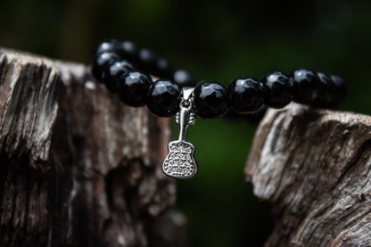 Black Beads Bracelet With 925 Sterling Silver Guitar Charm