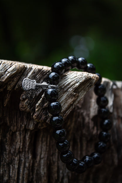 Black Beads Bracelet With 925 Sterling Silver Guitar Charm