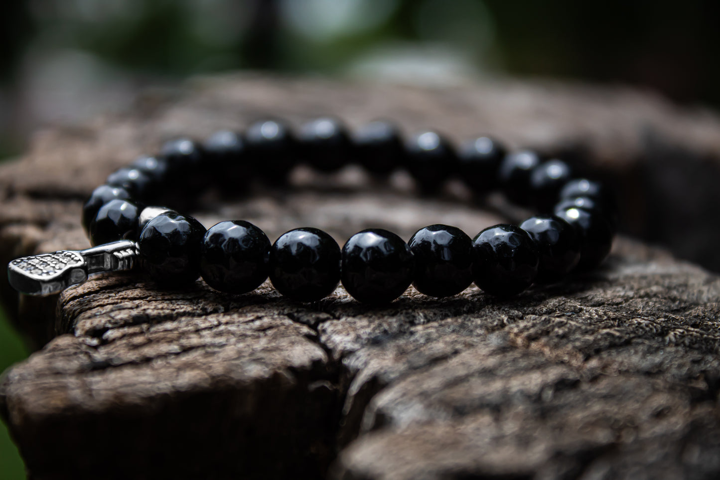 Black Beads Bracelet With 925 Sterling Silver Guitar Charm