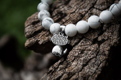 925 Sterling Silver White Stone Beads With Snow Bell Charm Adjustable Bracelet - Cat Lover| Zubee Silver