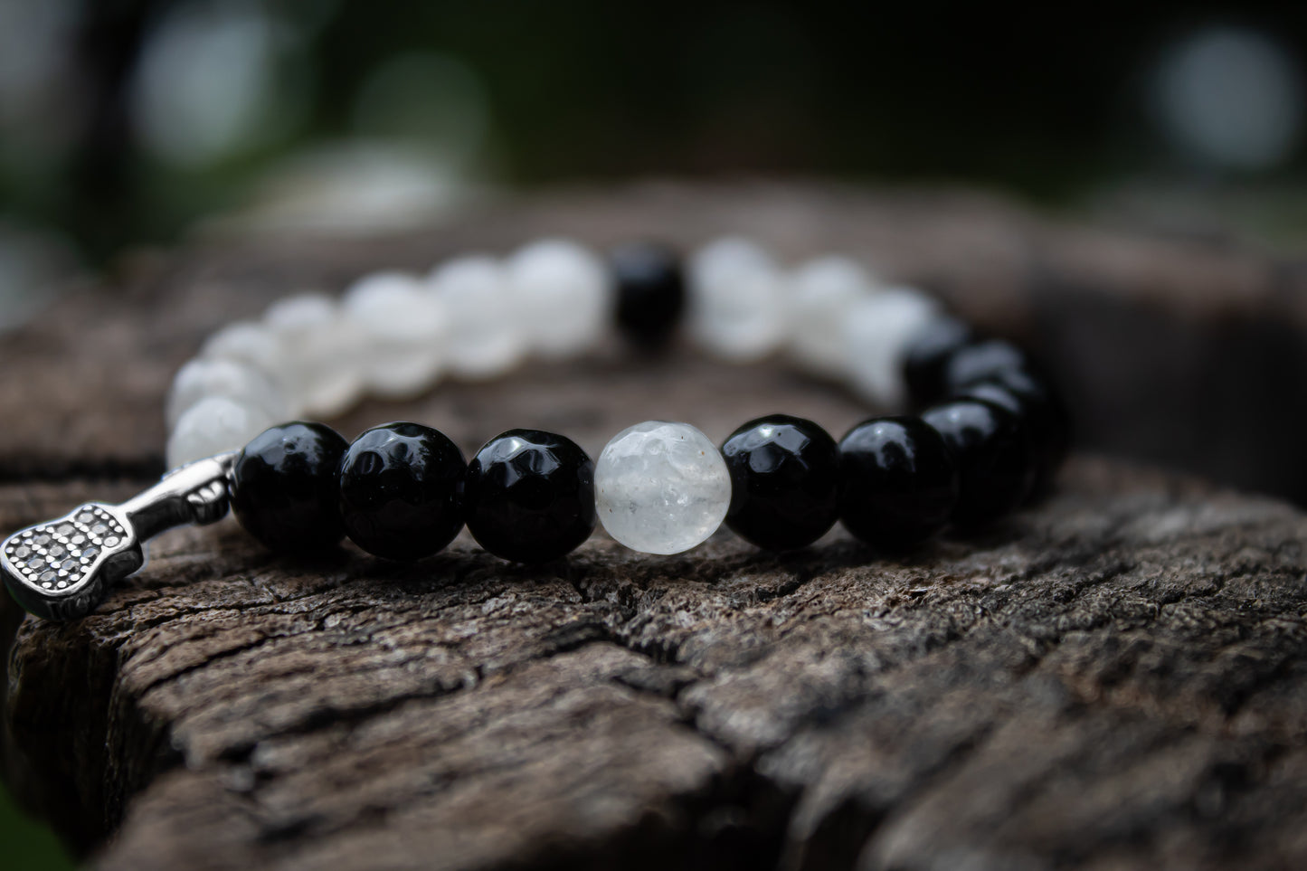 925 Silver Yin Yang Pattern Stone Beads Bracelet with Guitar Charm - Zubee Silver