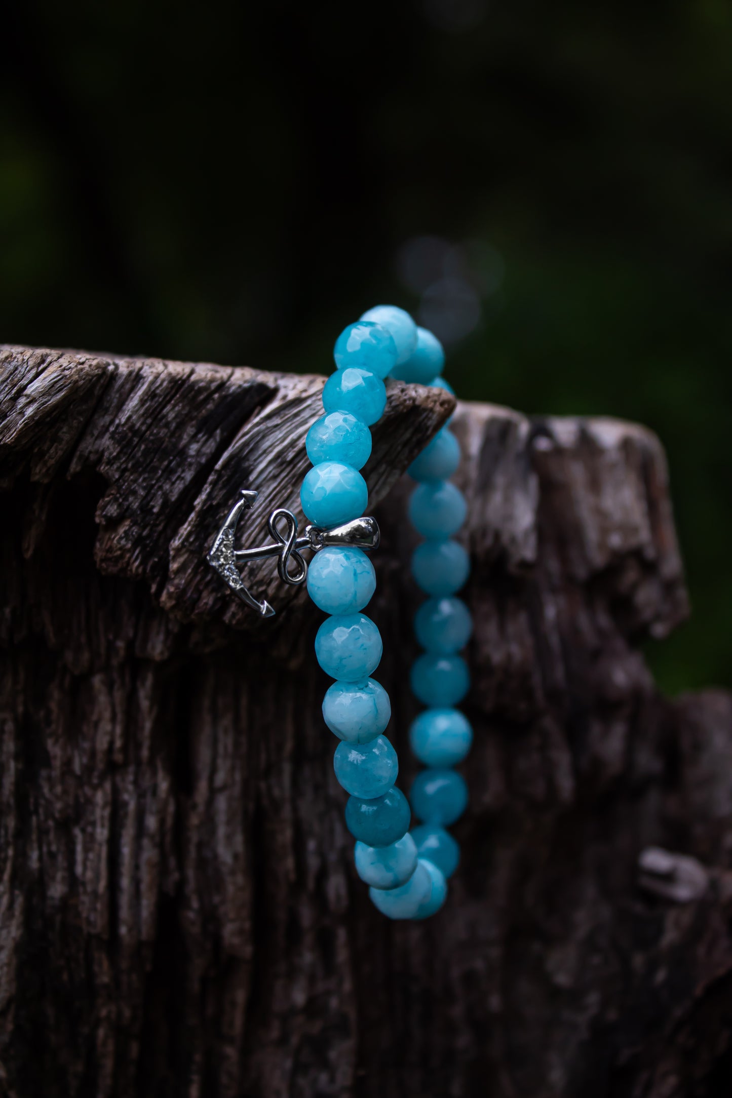 925 Sterling Silver Anchor Charm Aqua Stone Beads Bracelet - Zubee Silver