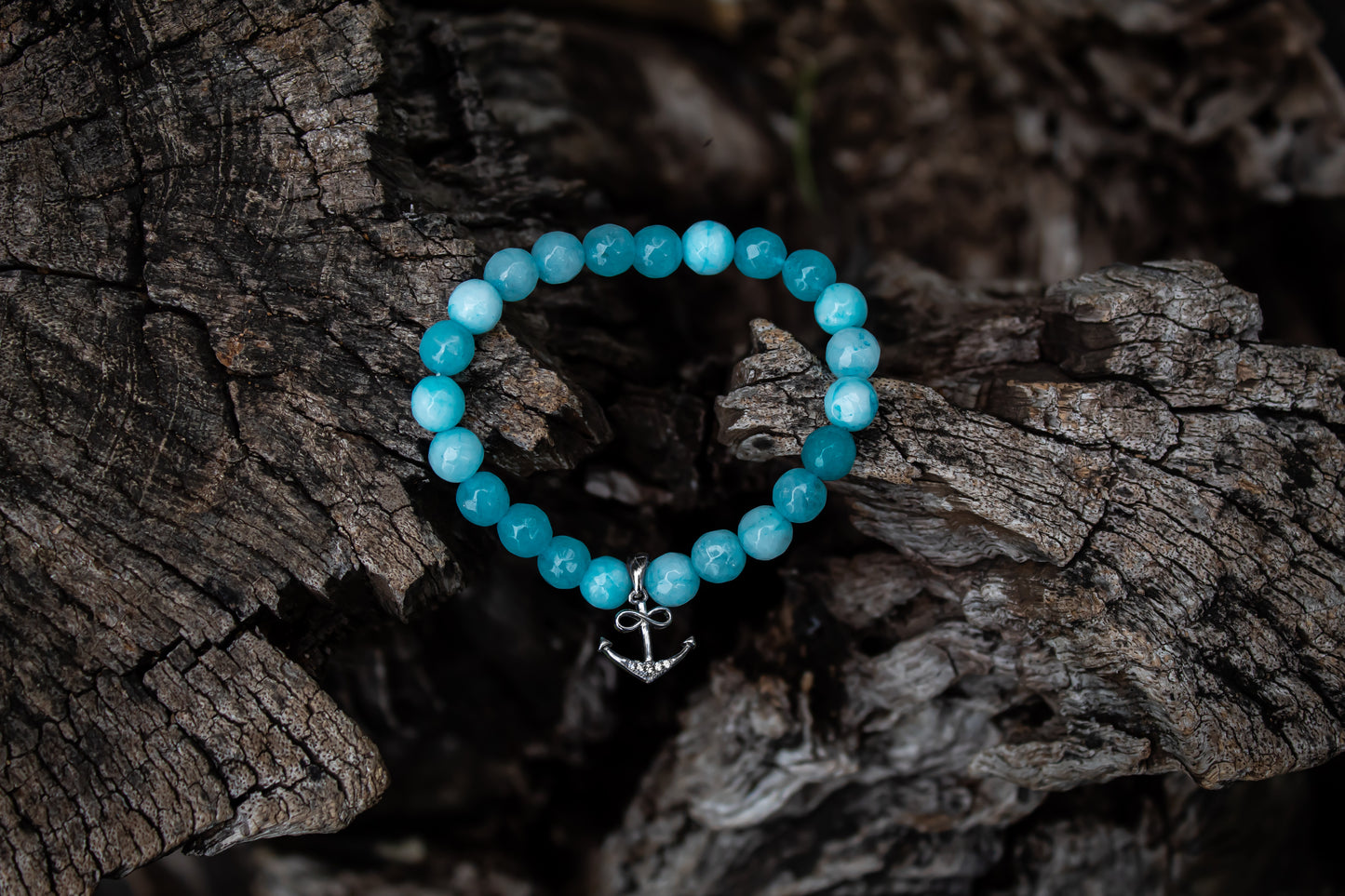 925 Sterling Silver Anchor Charm Aqua Stone Beads Bracelet - Zubee Silver