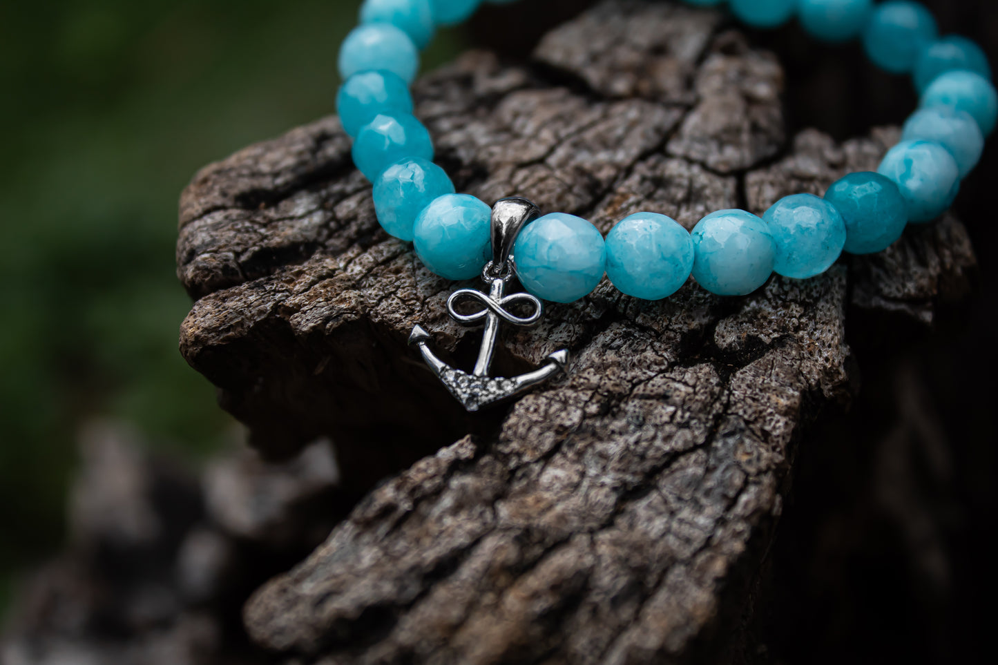 925 Sterling Silver Anchor Charm Aqua Stone Beads Bracelet - Zubee Silver
