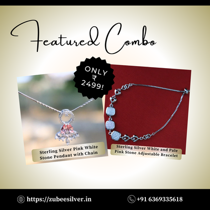 Sterling Silver White and Pale Pink Stone Pendant Chain & Bracelet Combo