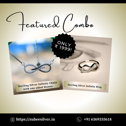 Sterling Silver One-side Stones Infinity Pendant Chain & Ring Combo