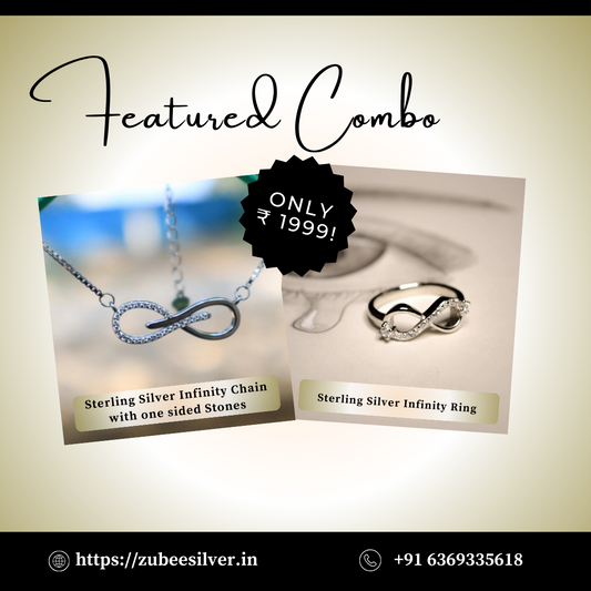 Sterling Silver One-side Stones Infinity Pendant Chain & Ring Combo