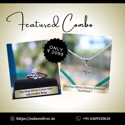 Sterling Silver Flower Pendant Chain & Cross Star Adjustable Ring - Combo