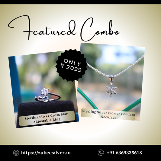 Sterling Silver Flower Pendant Chain & Cross Star Adjustable Ring - Combo