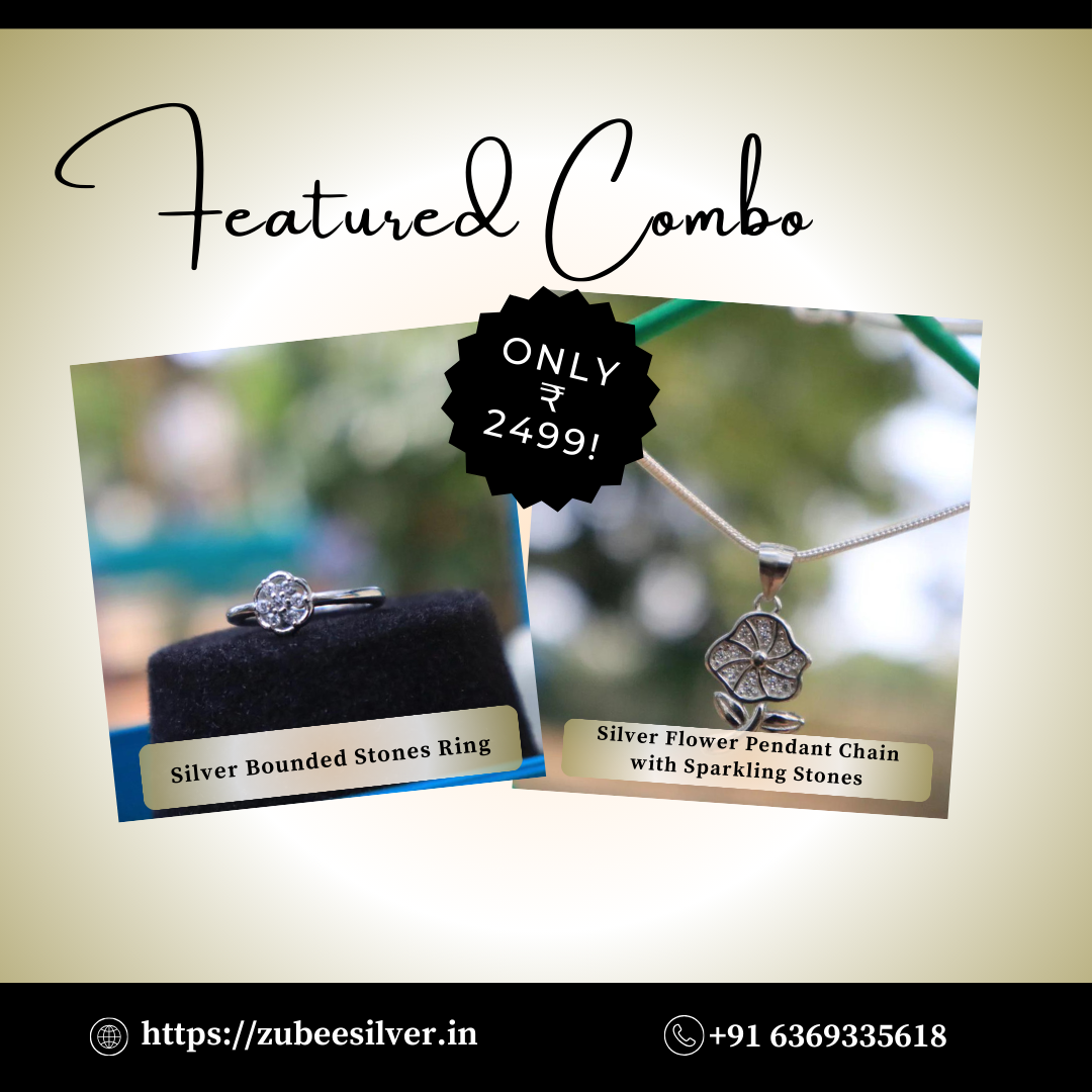 Sterling Silver Flower Pendant Chain & Bounded Stones Ring Combo