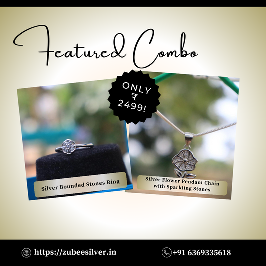 Sterling Silver Flower Pendant Chain & Bounded Stones Ring Combo