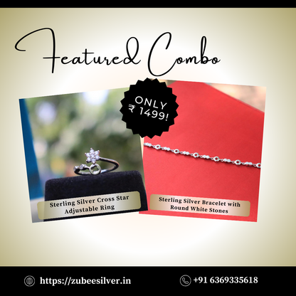 Sterling Silver Rounded White Stones Bracelet & Cross Star Ring Combo